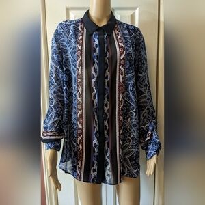 Cato Button Up Shirt Blouse Women's Plus 18/20W Blue Paisley Roll Tab, TC